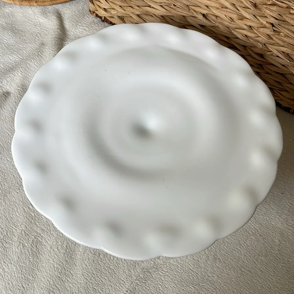 White Indiana Milk Glass Round Pedestal Teardrop Cake Platter 10 1/2” Scalloped